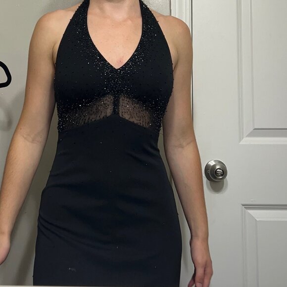 Black Sparkly Sequin Halter Wedding Homecoming Wedding Guest Dress - Picture 1 of 7